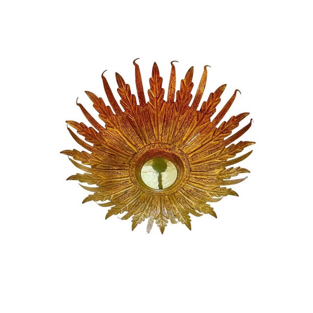 Large Spanish sunburst light in gilt metal and frosted glass,greeen ; white ; orange\.\.\.\.other color Spain, 1950s....