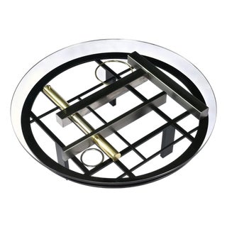 Kaizo Oto Gold Black and Steel Art Deco Inspired Round Glass Top Coffee Table For Sale