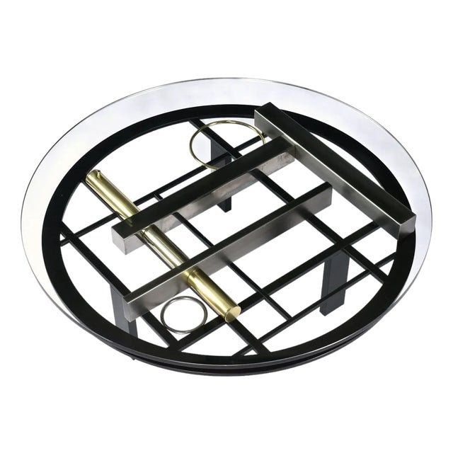 Kaizo Oto Gold Black and Steel Art Deco Inspired Round Glass Top Coffee Table For Sale