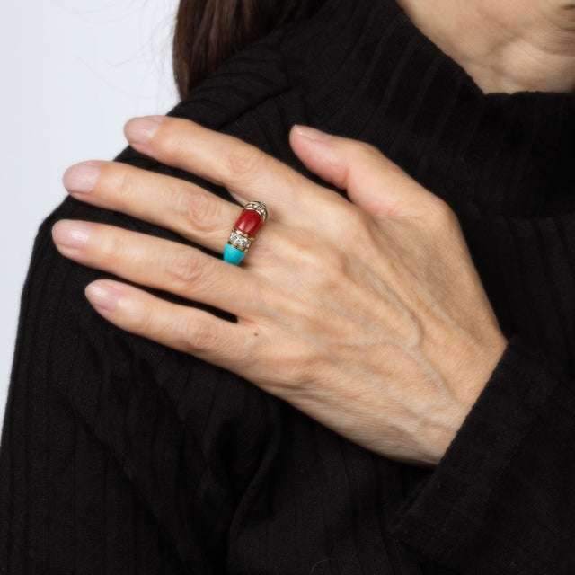 70s Vintage Turquoise Coral Diamond Band Sz 5 Ring 18k Yellow Gold Fine Jewelry For Sale In Los Angeles - Image 6 of 7
