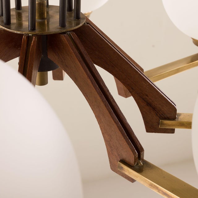 Metal Mid-Century Italian Chandelier in Brass and Teak, 1960s For Sale - Image 7 of 11