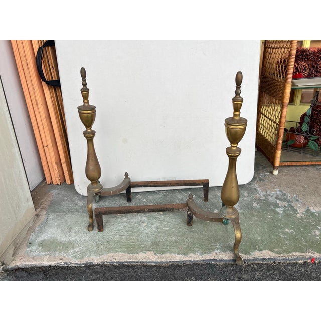 Antique Brass Cast Iron Colonial Federal Fireplace Hearthware Andiron Fire Dogs For Sale - Image 4 of 4