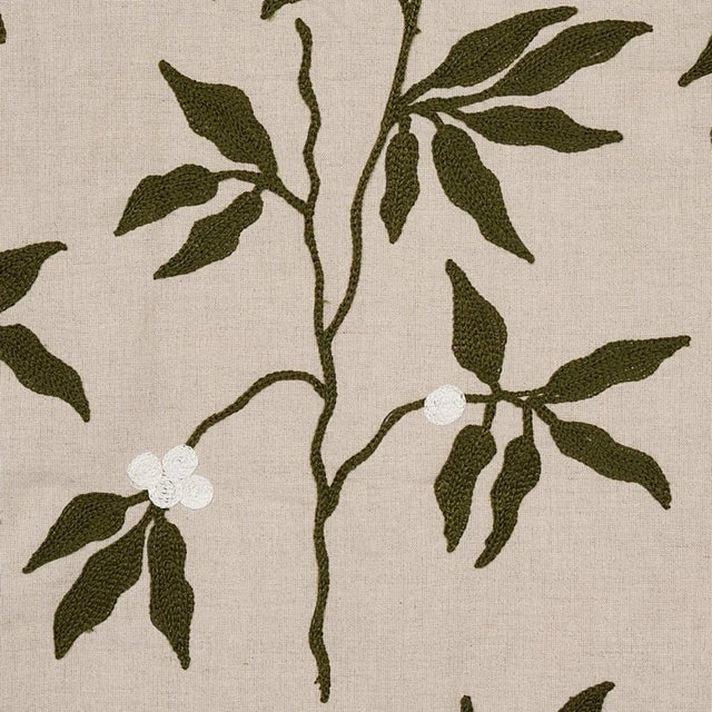 Traditional Schumacher Lilla Embroidery Fabric in Olive on Neutral For Sale - Image 3 of 4