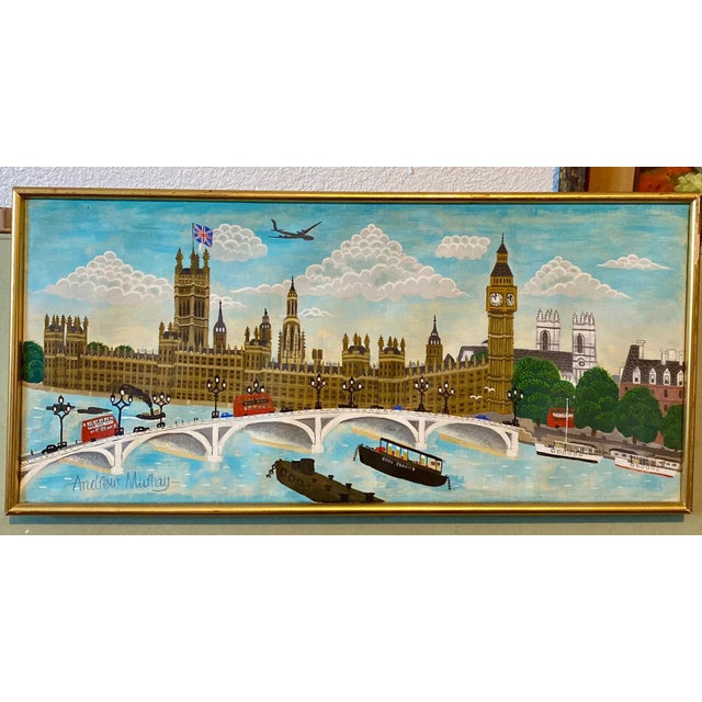 Textile Andrew Murray, Naive London Street Scene Folk Art Oil Painting Big Ben, Parliament, Union Jack For Sale - Image 7 of 7