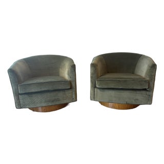 Vintage Pair Milo Baughman for Thayer Coggin Walnut & Green Velvet Swivel Chairs For Sale