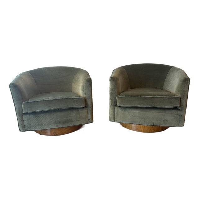 Vintage Pair Milo Baughman for Thayer Coggin Walnut & Green Velvet Swivel Chairs For Sale