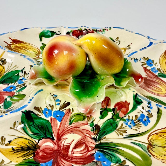 1960s Vintage Majolica Italian Nove Rose Boho Chic Oval Divided Serving Platter With Trompe L’Oeil Peaches Handle For Sale - Image 10 of 14