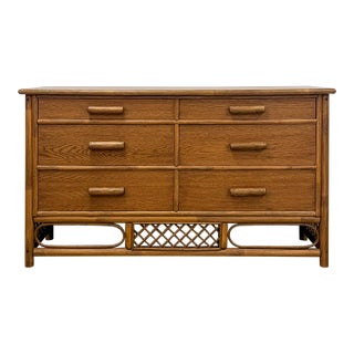 Vintage Petite Rattan 6-Drawer Dresser With Lattice Sides Coastal Boho MCM For Sale