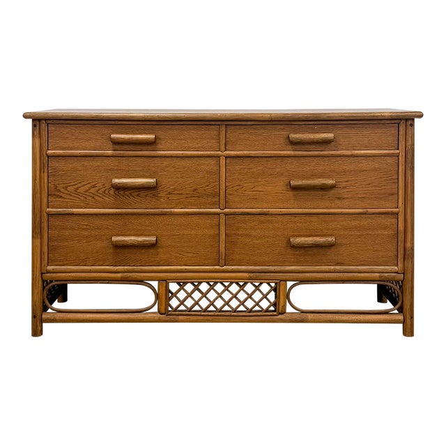 Vintage Petite Rattan 6-Drawer Dresser With Lattice Sides Coastal Boho MCM For Sale