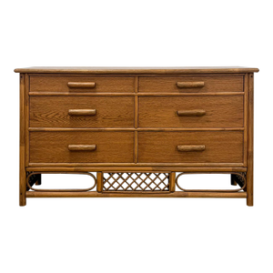 Vintage Petite Rattan 6-Drawer Dresser With Lattice Sides Coastal Boho MCM