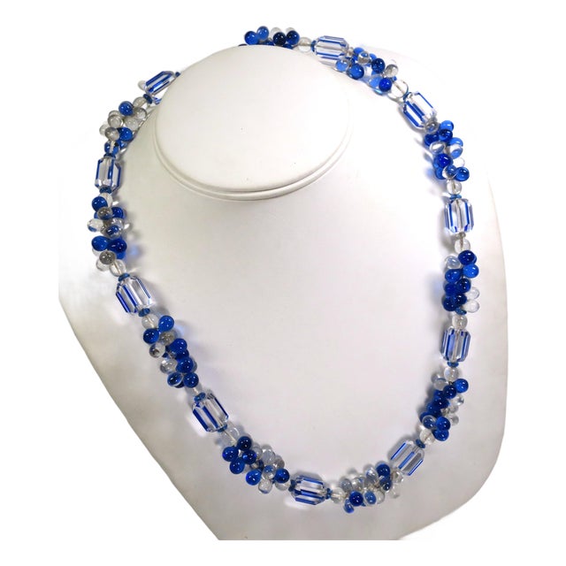 Vintage Art Deco Sapphire Optical Glass Necklace 1930s For Sale