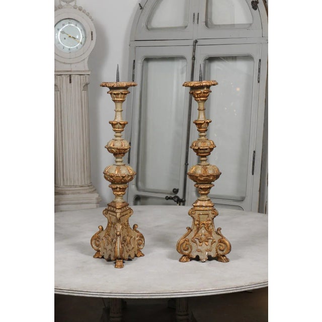 Early 19th Century French Rococo Style Carved and Painted Candlesticks - A Pair For Sale - Image 10 of 12