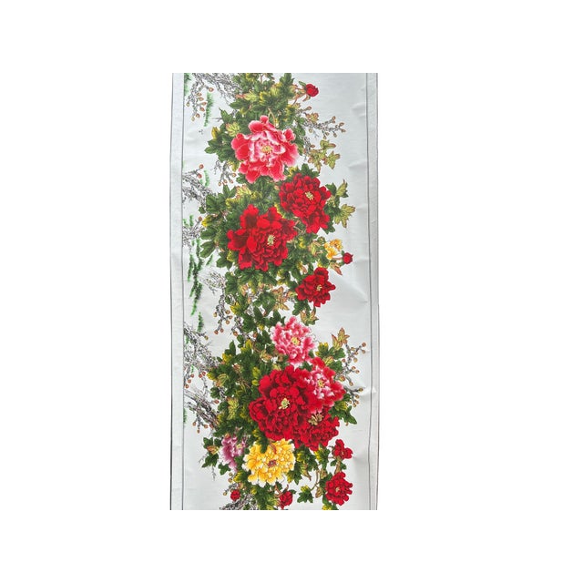 Long Horizontal 141" Chinese Color Ink Red Peony Blossom Scroll Painting For Sale - Image 14 of 14