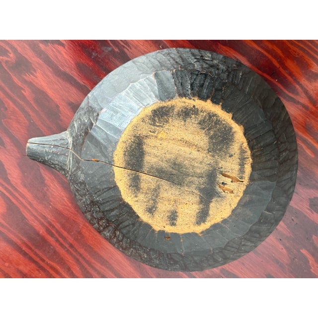 Mid 20th Century Vintage Japanese Style Carved Wood Lacquer Spouted Bowl With Wave and Moon For Sale - Image 5 of 6