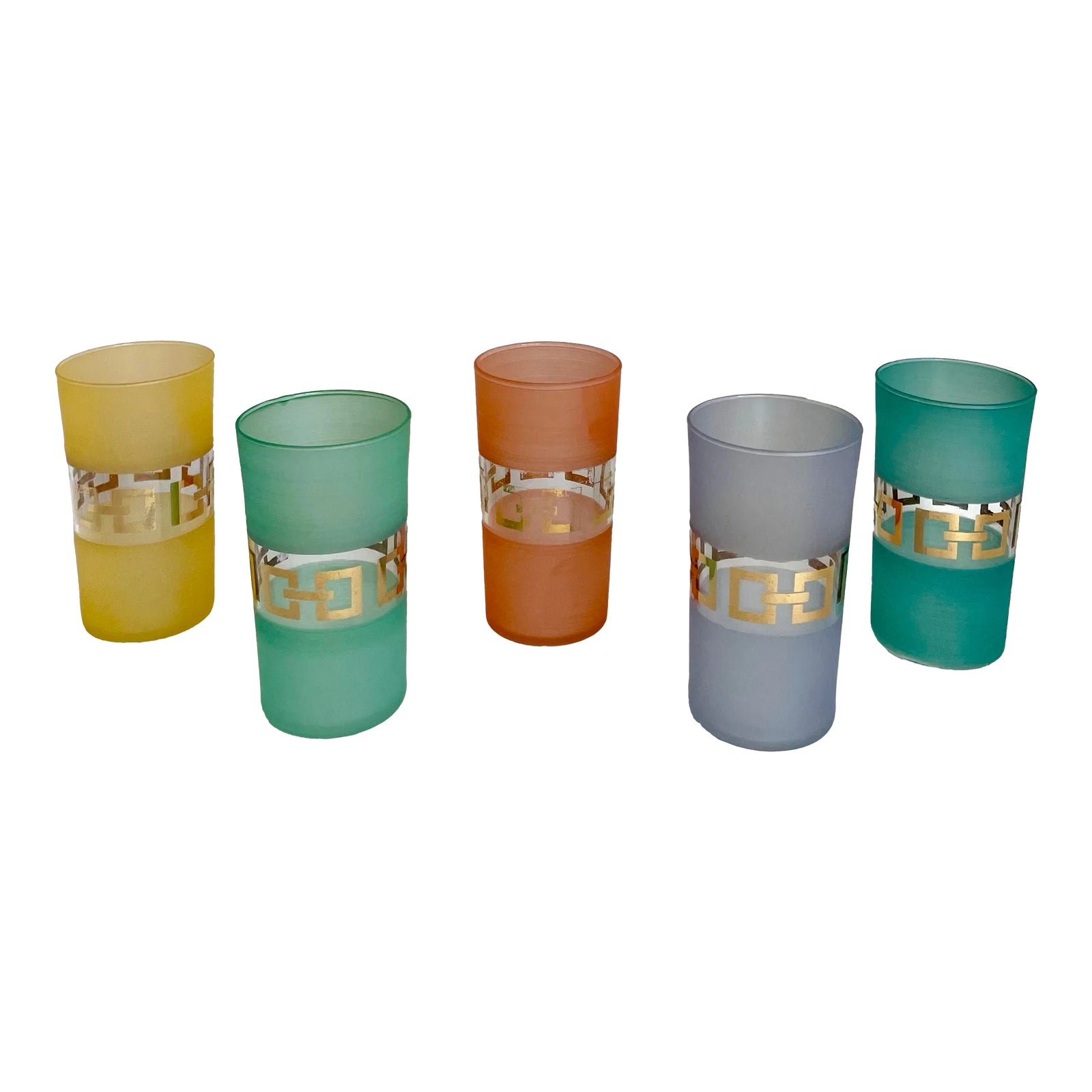 Set of 5 MCM Multi-Color Frosted Gold Detailed Glasses | Chairish