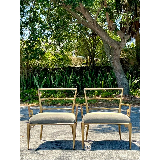 Mastercraft Vintage Regency Greek Key Brass Lounge Chairs After Mastercraft - A Pair For Sale - Image 4 of 12