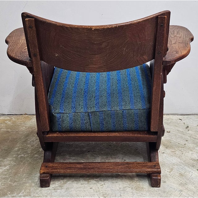 1920s Arts and Crafts Adirondack Mission Oak & Blue Upholstered Lounge Chair, Circa 1920s For Sale - Image 5 of 7
