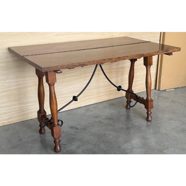 20th Century Spanish Console Fold Out Farm Table with Wood Stretcher For Sale - Image 9 of 18