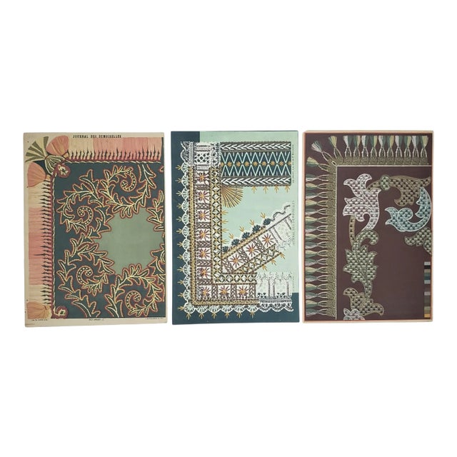 1880s Embossed French Chromolithograph Designs for Embroidery-Set of 3 For Sale