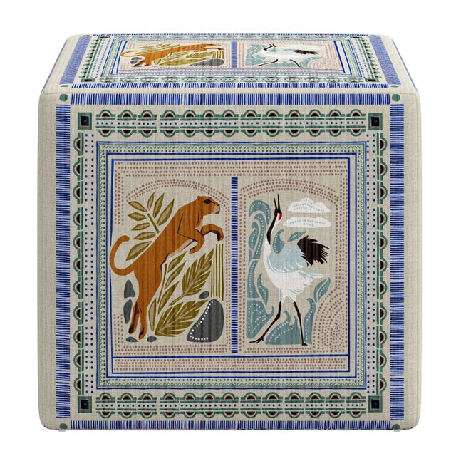 Contemporary Cube Ottoman in Fauna Blue, Set of 2 For Sale - Image 3 of 5