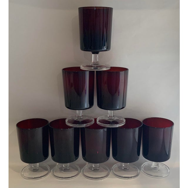 Arcoroc France Red Pedestal Stem Glasses For Sale - Image 9 of 9