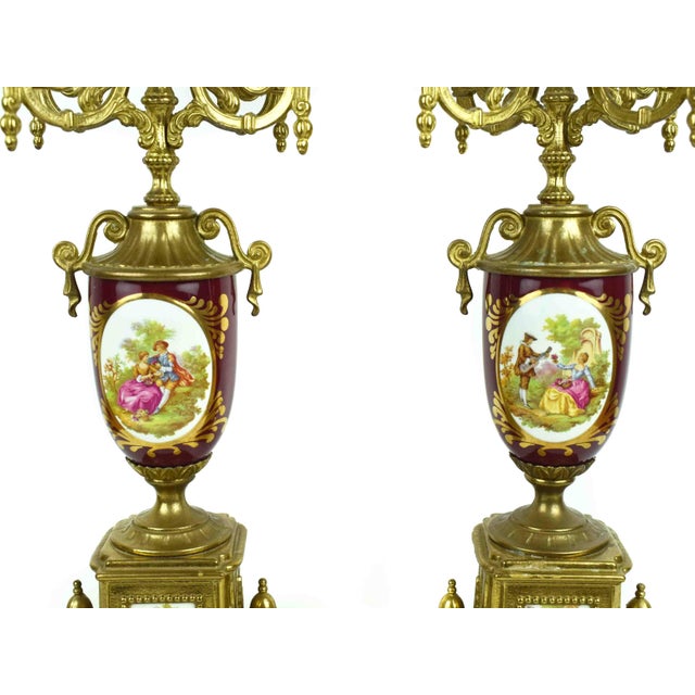 Mid 20th Century Imperial Gilt Brass Frame With Porcelain Plaques Mantle Clock & Five-Light Candelabra Set - 3 Pieces Italy For Sale - Image 13 of 17
