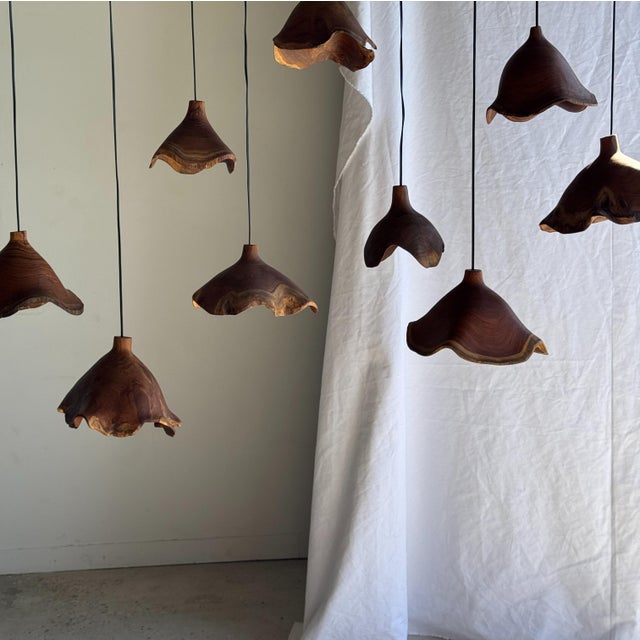 Brutalist Small Organic Teak Pendant Light with Hat, 1980s For Sale - Image 3 of 18