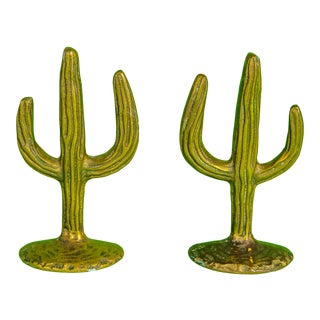 1950's Solid Brass Cactus Bookends For Sale