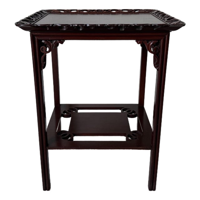 1960’s Vintage Chinese-Style Carved Mahogany Side Table With Pierced Gallery Top For Sale