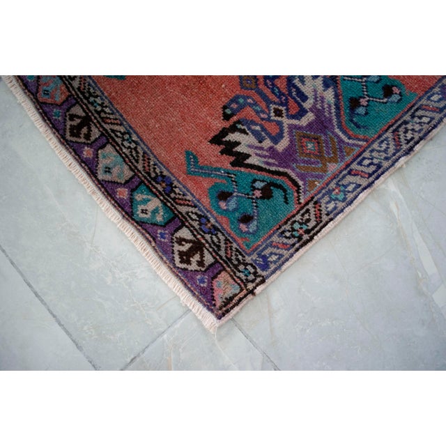 Textile Distressed Low Pile Turkish Yastik Petite Rug Hand Knotted Faded Mat - 1'7'' X 3'3'' For Sale - Image 7 of 12