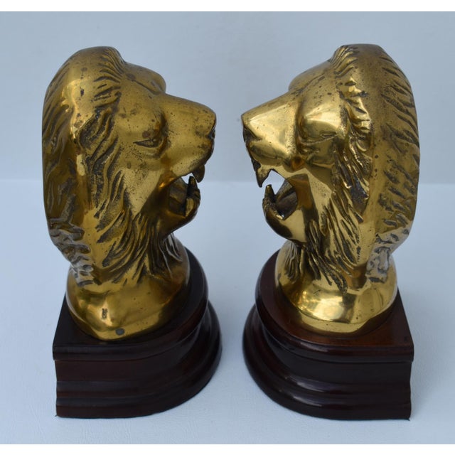 Vtg. Pair of Brass Lion Head Traditional Style Bookends W/Wood Base For Sale - Image 12 of 12