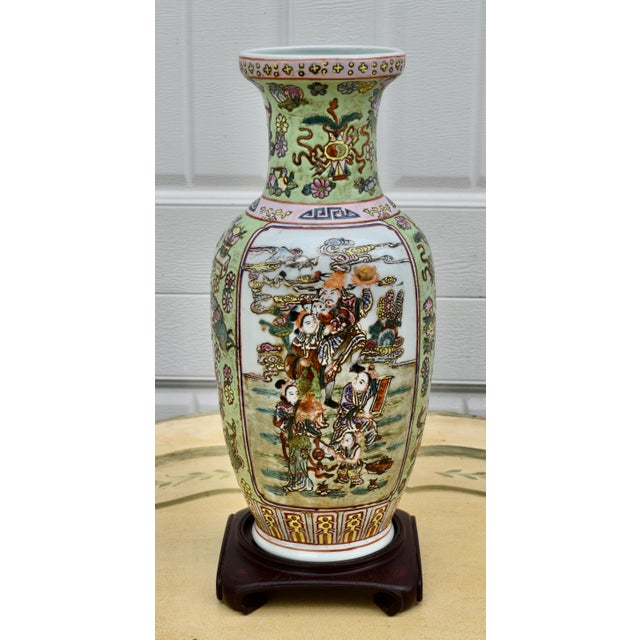 Vtg. Figural Raised Painted Chinese Vase W/Rosewood Stand For Sale In Philadelphia - Image 6 of 15