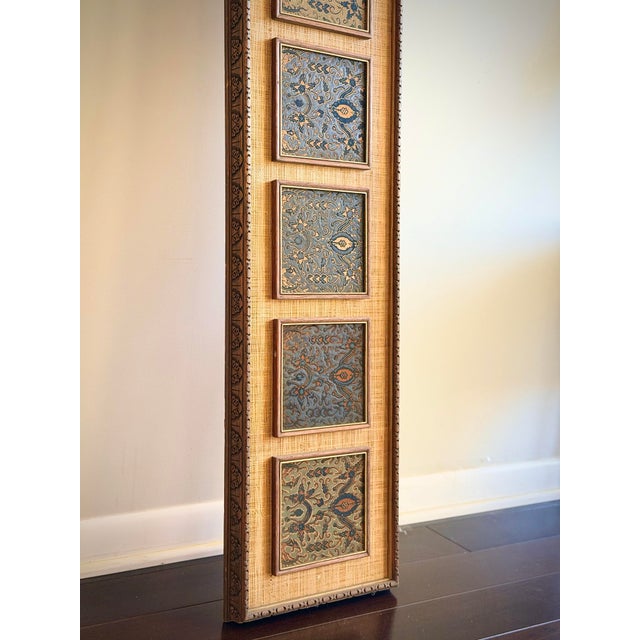 Contemporary Oversized Tall Vertical Textile Panel With Batik Insets and Grasscloth Backing, Carved Custom Wood Frame, Architectural Wall Art For Sale - Image 3 of 12