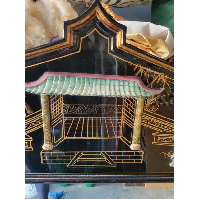 Monumental Vintage Chinoiserie Black Lacquer Soapstone Carved Pagoda Regency Rectangular Mirror For Sale - Image 10 of 14