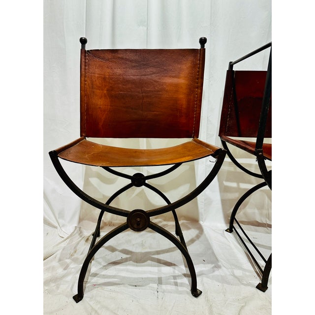 Mid 20th Century Pair of Savonarola-Style Leather & Forged Iron Armchairs For Sale - Image 4 of 6