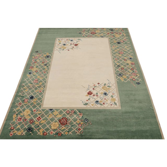 2020s 2020s Rug & Kilim’s Chinese Style Art Deco Rug in Green & Ivory With Colorful Florals For Sale - Image 5 of 8