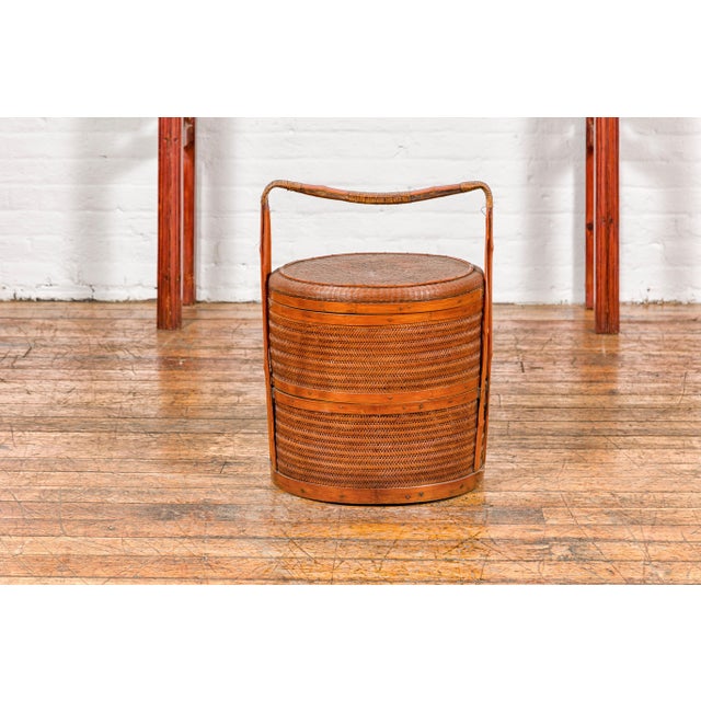 Chinese Two-Tiered Bamboo and Rattan Lidded Food Basket with Large Handle For Sale - Image 4 of 12