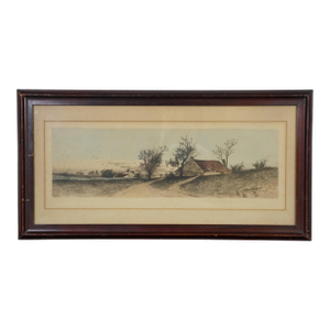 Late 19th Century Antique Ernest C Rost Rhode Island Homestead Colored Landscape Etching 29", Framed