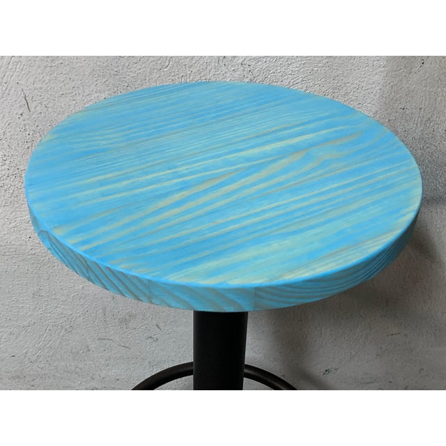 Wood New Industrial Wrought Iron Shop Stool With Pine Wood Seat For Sale - Image 7 of 13