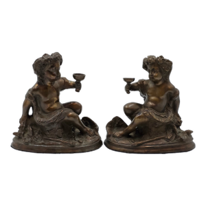 Gourgeous Set of 2 French Bronze Sculpture by E. Rossy ,Putti Cherubs Holding a Wine Cup