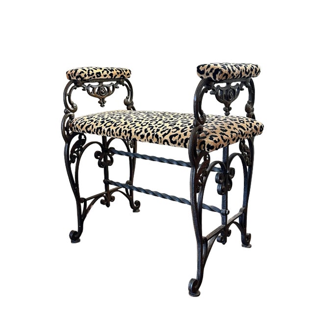 Metal 1930's Wrought Iron Spanish Baroque Leopard Upholstered Bench For Sale - Image 7 of 9