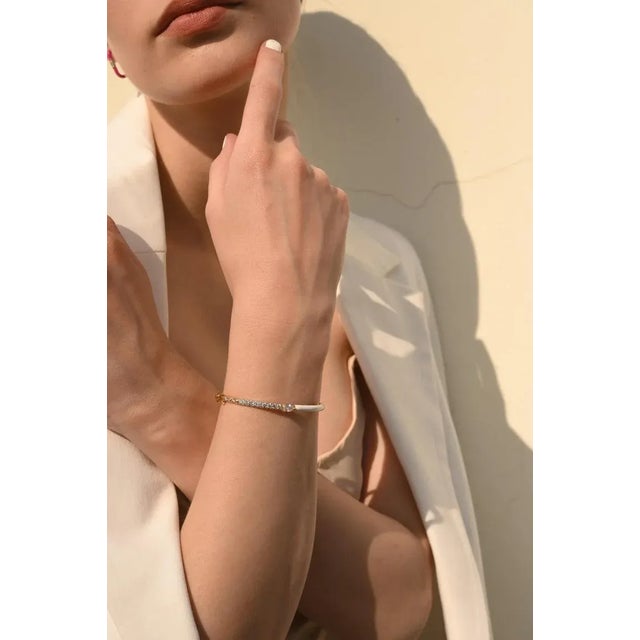 Metal Stackable Modern White Enamel 14k Solid Yellow Gold Diamond Bangle Bracelet For Sale - Image 7 of 12