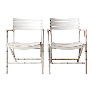 Vintage White Faux Bamboo Folding Chairs Pair