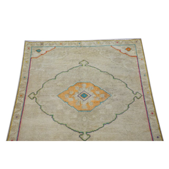 1960s Beige Multicolor Geometric Design Handwoven Wool Vintage Turkish Runner 3'4" X 9'1" For Sale - Image 4 of 6
