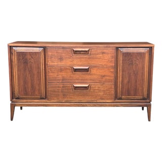 1960s Mid-Century Modern Walnut Credenza Sculpted Pulls 3 Drawers Cabinet Storage For Sale