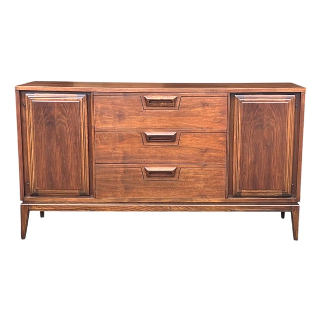 1960s Mid-Century Modern Walnut Credenza Sculpted Pulls 3 Drawers Cabinet Storage For Sale