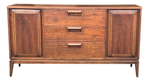 1960s Mid-Century Modern Walnut Credenza Sculpted Pulls 3 Drawers Cabinet Storage