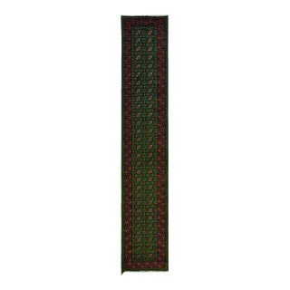 Green Tribal Geometric Hallway Runner Rug With Red and Turquoise Border, 2'9" X 16'1" For Sale