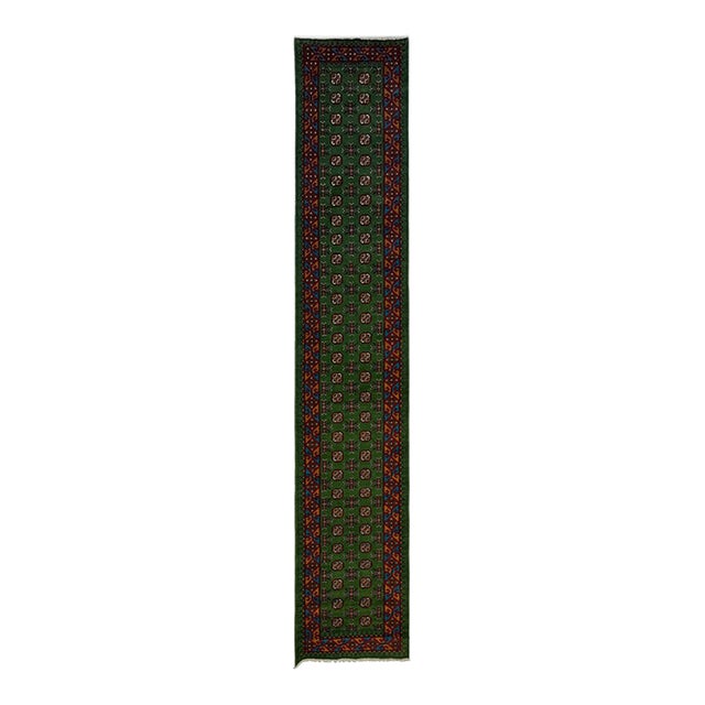 Green Tribal Geometric Hallway Runner Rug With Red and Turquoise Border, 2'9" X 16'1" For Sale
