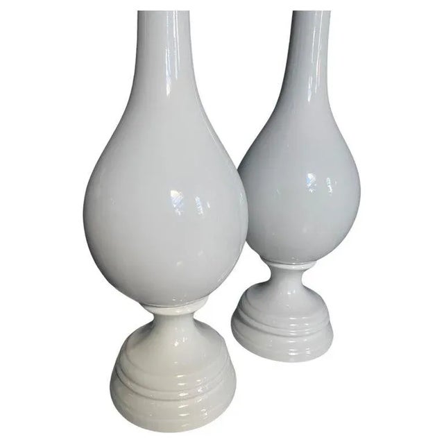 Mid Century Modern Tall White Glazed Ceramic Table Lamps, Pair For Sale - Image 4 of 7